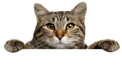 Curious tabby cat peeking over white surface with paws visible, cut out transparent