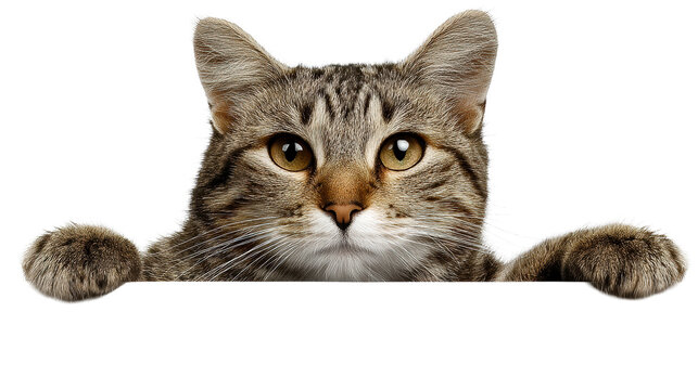 Curious tabby cat peeking over white surface with paws visible, cut out transparent - Powered by Adobe