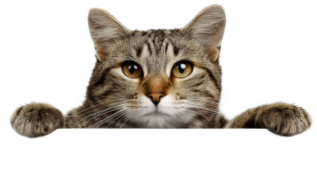 Curious tabby cat peeking over white surface with paws visible, cut out transparent