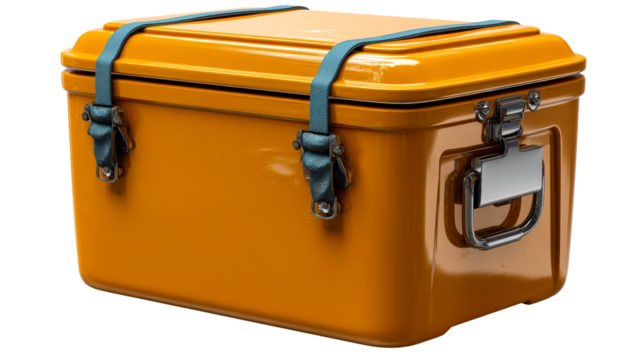 Orange metal cooler with blue straps and metal latches, cut out transparent