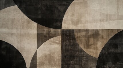 A close up of a textured rug with a pattern of black and beige circles and squares overlapping each other