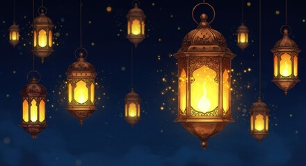 Obraz premium Glowing Ramadan Lanterns Hanging in the Night Sky