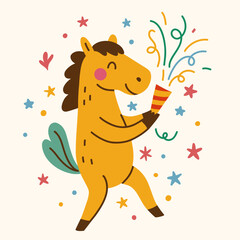 Funny cartoon horse with party popper.