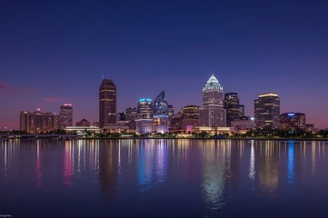 Obraz premium City skyline at twilight reflected in calm water