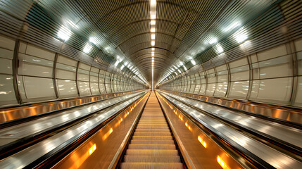 Obraz premium Vast subway tunnel with shining metal lines and escalators leading to a distant vanishing point