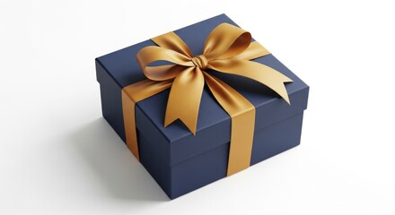 Obraz premium Elegant Navy Blue Gift Box with Golden Ribbon on White Background