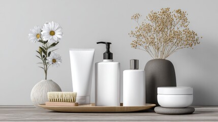 A collection of elegant skincare products, tastefully arranged with decorative elements