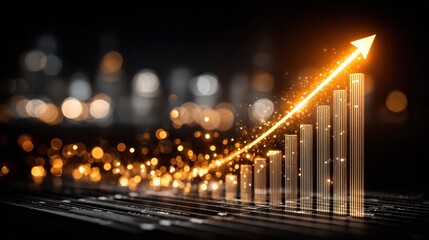 An upward trending chart symbolizing growth and progress, with a vibrant, glowing arrow indicating success. The chart's design is illuminated by sparks