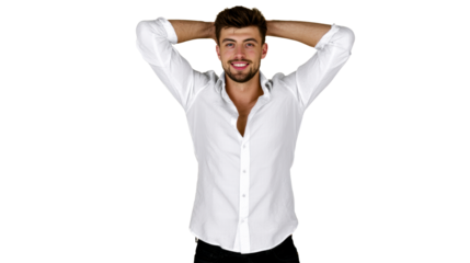 Man in White Shirt Smiling with Hands Behind Head, cut out transparent
