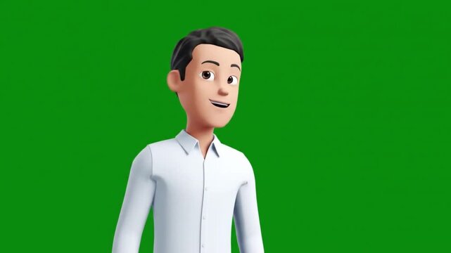 A simple and clean 3D animated male avatar in a white shirt, presented on a green screen background. Great for presentations, explainer videos, or corporate animations.