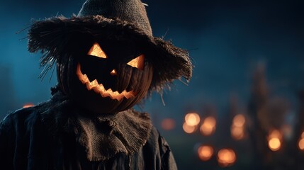 Creepy scarecrow with glowing carved pumpkin head and sinister grin standing in a dark field at night with blurred lights in the background