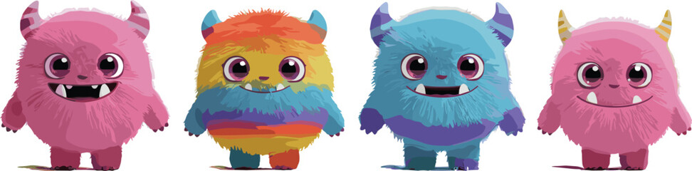 Four cute colorful furry monsters with horns, smiling fantasy creatures, playful cartoon characters, kids’ friendly design, digital vector illustration, unique adorable monster collection