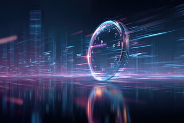 Futuristic clock hovering over a city, digital trails and vibrant colors