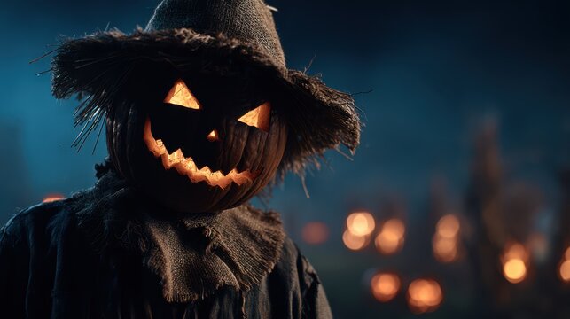 Creepy scarecrow with glowing carved pumpkin head and sinister grin standing in a dark field at night with blurred lights in the background