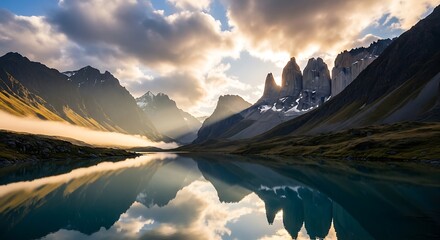Serene Mountain Lake Reflecting Dramatic Sky.