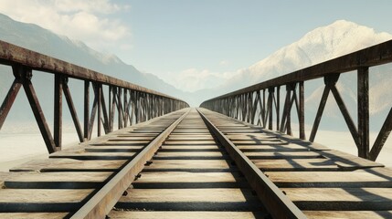 Obraz premium Rusty bridge tracks, mountains, fog