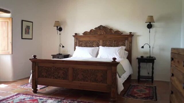 Elegant and inviting bedroom featuring a large, ornate wooden bed with crisp white linens, flanked by classic bedside lamps, creating a serene and luxurious retreat space