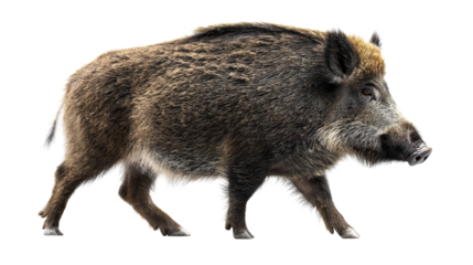 Wild boar with shaggy fur walks against a clean white background, cut out transparent