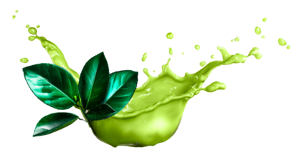 Green liquid splash with dark green leaves against white background, cut out transparent