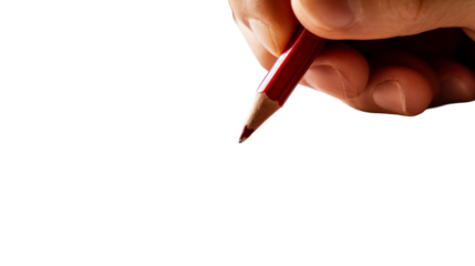 Hand holding red pencil drawing on white paper with red strokes, cut out transparent