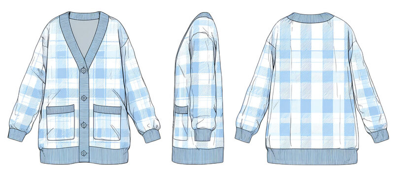 Light-blue gingham cardigan, three-view illustration