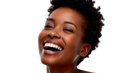 Joyful Black Woman Laughing With Open Mouth and Bright White Teeth, cut out transparent
