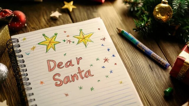 Handwritten "Dear Santa" letter amidst festive Christmas decorations