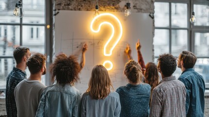 Large group of young professionals standing together in a modern office, pointing at a glowing neon question mark on the wall, symbolizing ideas and problem solving