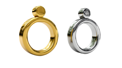 Two polished metal rings, one gold and one silver, with a circular shape and a smaller sphere on top, cut out transparent