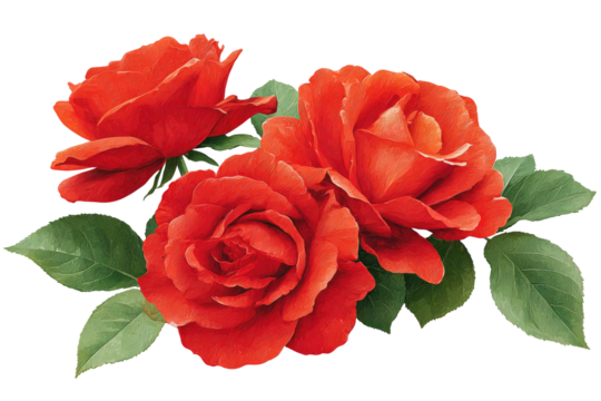 A close-up of three vibrant red roses, set against a black background. Detailed petals and green leaves suggest a painted or drawn floral design