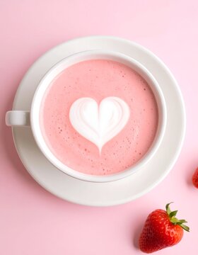 Naklejki Pink latte art in a mug with strawberries