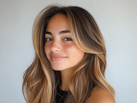 Balayage extensions, dark brown fading to honey blonde, layered in a cascading flow pattern