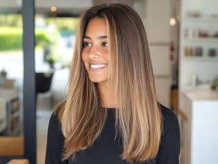 Obraz premium Balayage extensions transitioning from dark roots to caramel tips, arranged in a cascading pattern