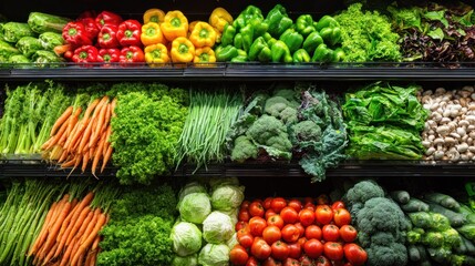 A vibrant display of fresh produce in a well-stocked grocery store. The colorful assortment includes vegetables, fruits, and greens