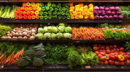 A colorful assortment of fresh produce neatly arranged on supermarket shelves. The vibrant display showcases a variety of fruits and vegetables.