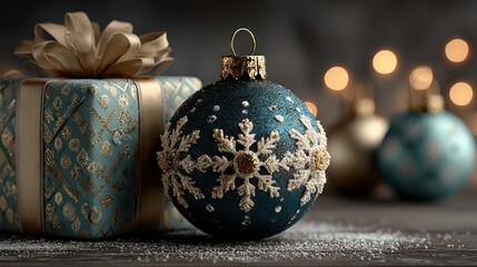 Christmas Ornament and Gift: decorations featuring an elegant Christmas ornament with snowflake detail, resting beside a beautifully wrapped gift, all aglow with twinkling lights. Generative Ai
