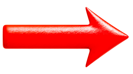 Glossy Red Arrow Pointing Rightward on White Background, cut out transparent