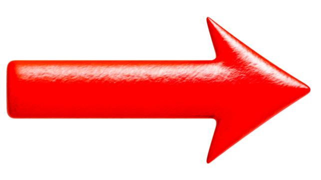 Glossy Red Arrow Pointing Rightward on White Background, cut out transparent