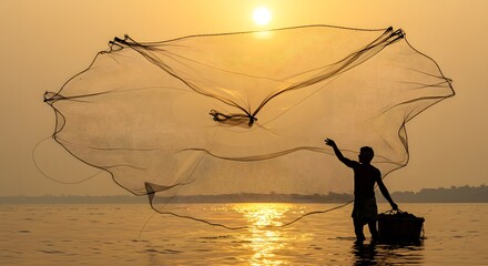 Traditional Fisherman Casting Fishing Net During Golden Hour Silhouette