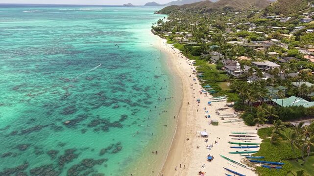 Revealing Drone Shot of Lanikai Beach, Famous Sandy Shore on Oahu Island, Hawaii USA