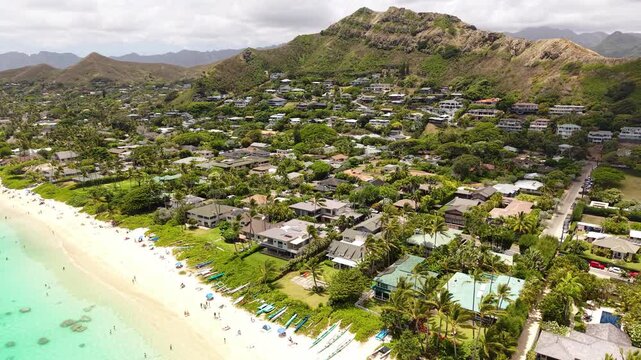 Drone Shot of Kailua and Lanikai Beach, Oahu Island, Hawaii USA, Homes, Landscape and Sandy Shore