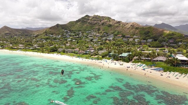 Aerial View of Lanikai Beach and Coastal Landscape of Oahu Island, Hawaii USA