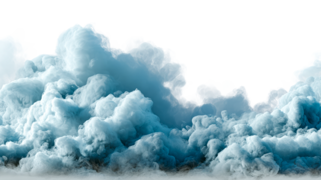Abstract blue and white billowing vapor clouds against a bright white background, cut out transparent