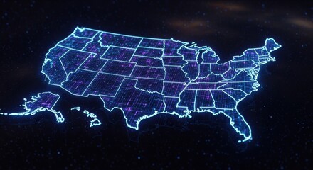 Futuristic digital United States map with glowing neon state lines representing a technological network and data connectivity