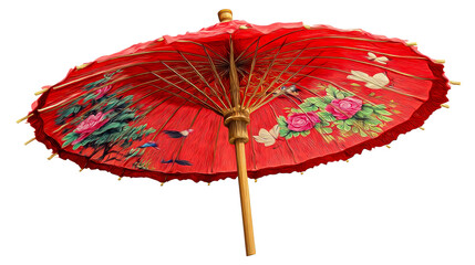 Decorative red Asian parasol with floral and bird motifs on white, cut out transparent
