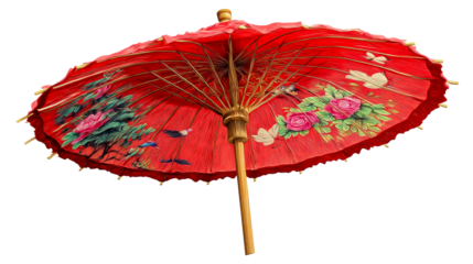 Decorative red Asian parasol with floral and bird motifs on white, cut out transparent
