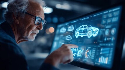 Automotive Engineering: An engineer in the automotive industry, using a touch screen computer and examining a 3D model of an automobile. - Powered by Adobe