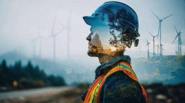 An engineer with a helmet, looking towards wind turbines and landscape in the distance