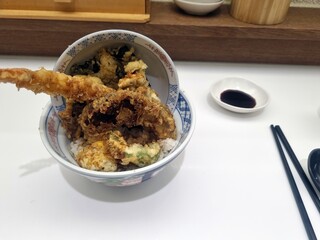 Japanese Tempura Rice Bowl (Tendon) with Assorted Fried Seafood and Vegetables