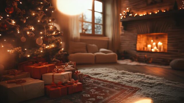Cozy christmas interior with warm lighting and christmas gifts festive rustic decor holiday ambiance